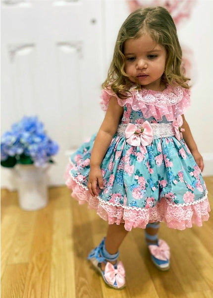 Sonata Infantil Spanish Girls Blue & Pink Floral Dress VE2104 - MADE TO ORDER
