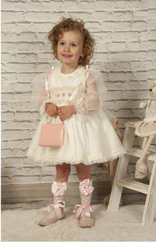Sonata Cream & Pink Organza Smocked Puffball Dress 3Y - IN STOCK NOW