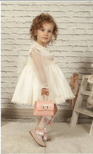 Sonata Infantil Spanish Girls Cream & Pink Organza Smocked Puffball Dress 3Y - IN STOCK NOW