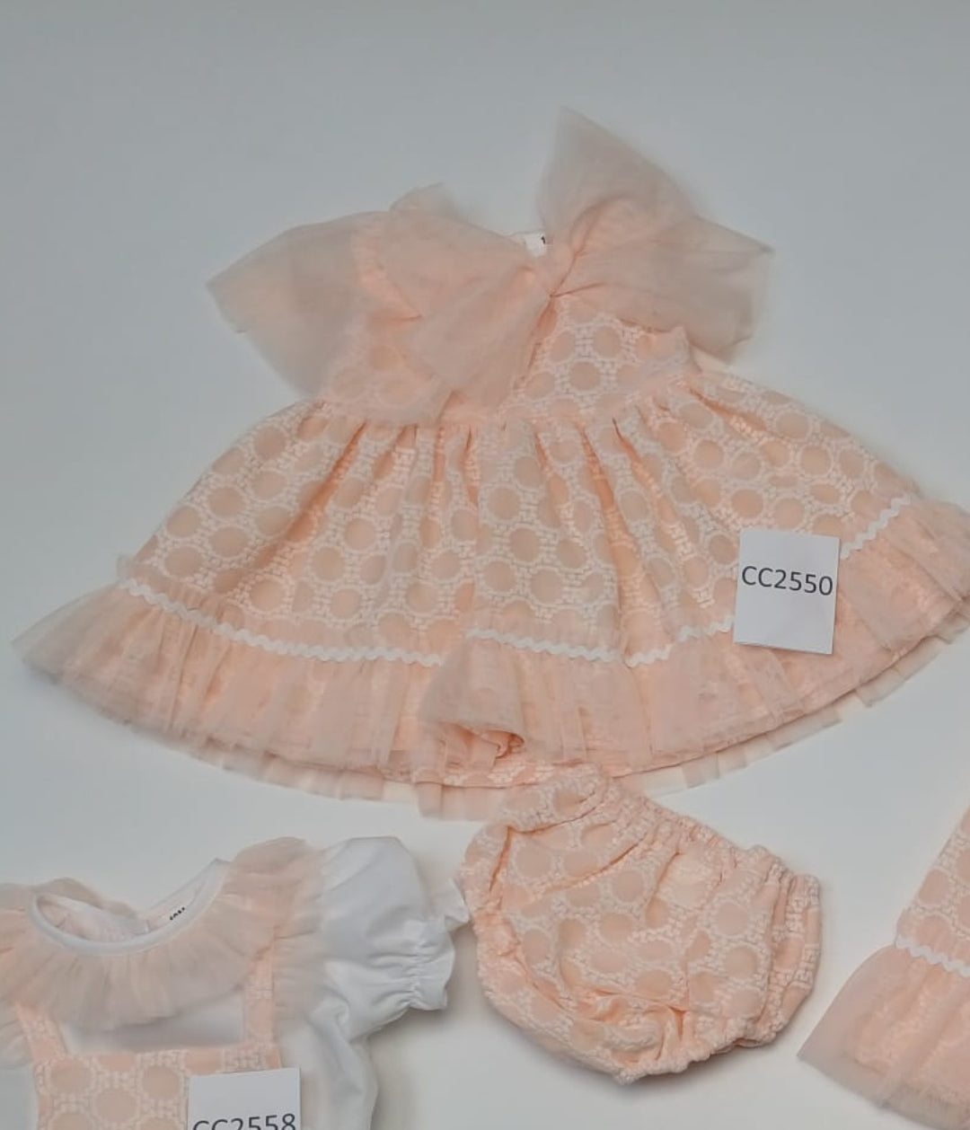 Ceyber SS24 Spanish Baby Girls Peach Organza Trimmed Dress & Pants CC2550