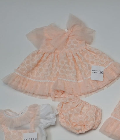 Ceyber SS24 Spanish Baby Girls Peach Organza Trimmed Dress & Pants CC2550