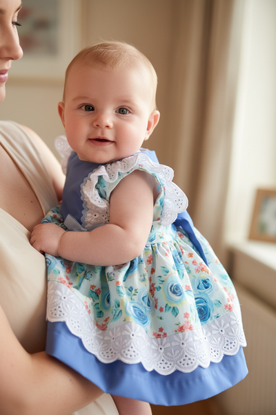 Spanish Baby Girls Blue Floral Bow Dress & Pants