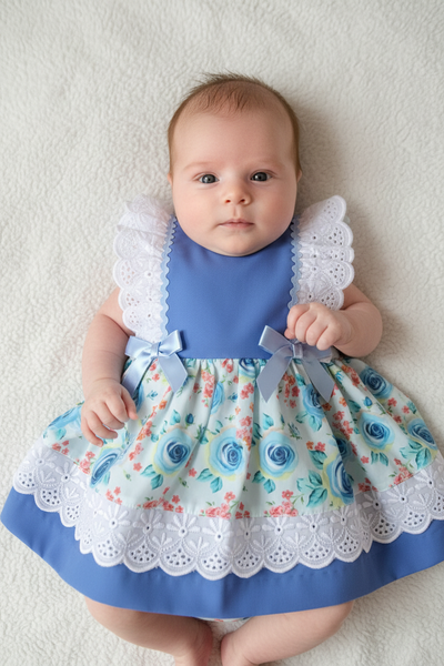 Spanish Baby Girls Blue Floral Bow Dress & Pants