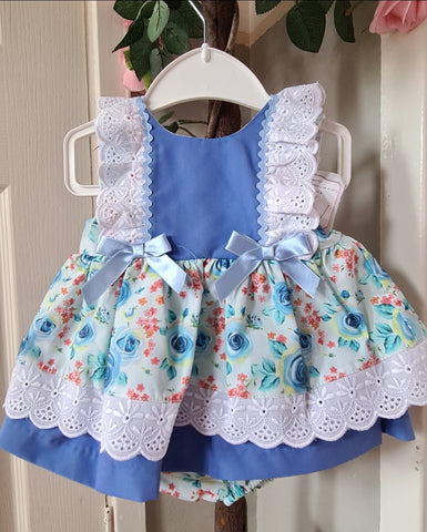 Spanish Baby Girls Blue Floral Bow Dress & Pants