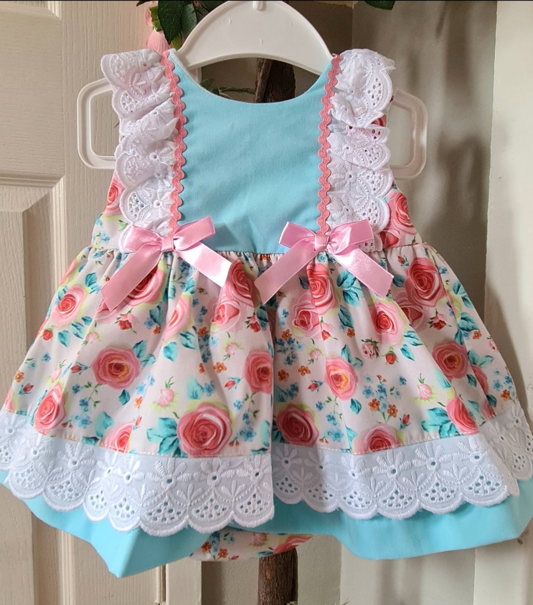 Spanish Baby Girls Turquoise & Pink Floral Bow Dress & Pants - 6m
