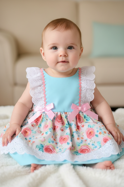 Spanish Baby Girls Turquoise & Pink Floral Bow Dress & Pants - 6m