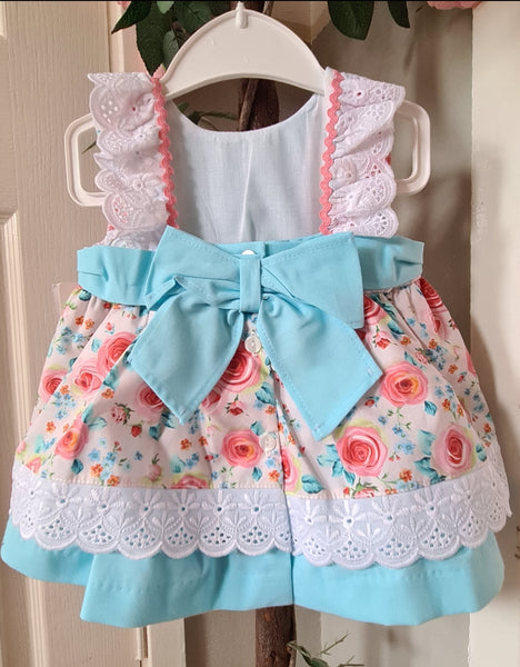 Spanish Baby Girls Turquoise & Pink Floral Bow Dress & Pants - 6m