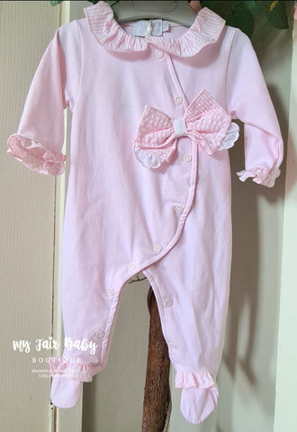 Spanish Baby Girls Pink Cotton Bow Sleepsuit/Babygrow