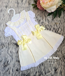 Spanish Baby Girls Lemon Pique Lace Pinafore Dress ~ 6m