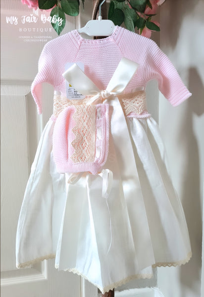 Spanish Creaciones Gavidia Baby Girls Pink & Cream Half Knit Dress & Bonnet 5123 - 3m