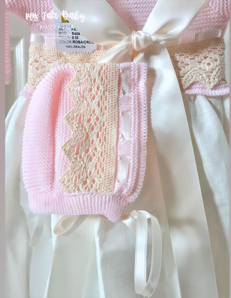 Spanish Creaciones Gavidia Baby Girls Pink & Cream Half Knit Dress & Bonnet 5123 - 3m