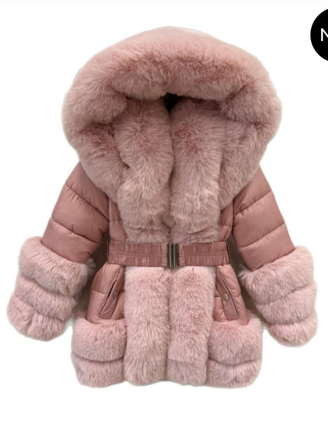 Older Girls AW24 Hooded Fur Puffer Jacket / Coat- Pink ~ 12,14y