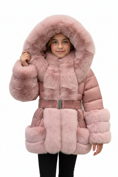 Older Girls AW24 Hooded Fur Puffer Jacket / Coat- Pink ~ 12,14y