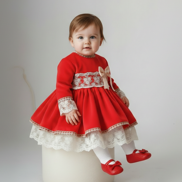 Sonata Infantil Spanish Baby Girls Red Velvet Puffball Dress - 12m IN STOCK NOW