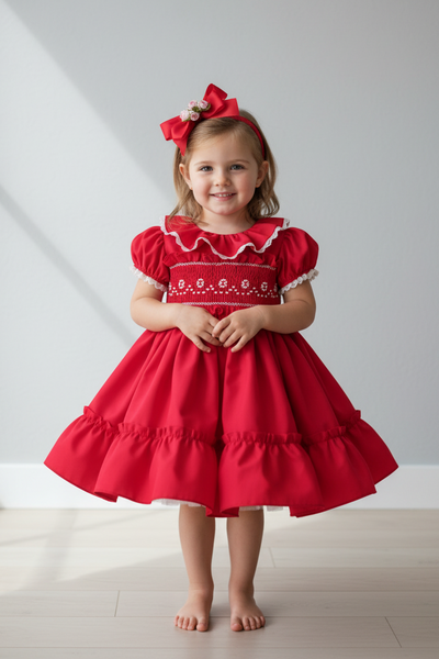 Sonata Infantil Spanish Azahar Red Smocked Puffball Dress - MADE TO ORDER