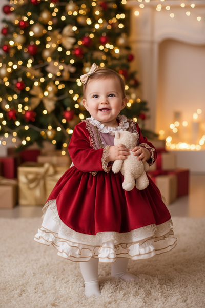 Sonata Infantil Spanish Girls Burgundy Velvet Puffball Dress IN10 - MADE TO ORDER