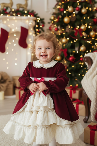 Sonata Infantil Spanish Girls Emperatriz Burgundy Velvet Puffball Dress IN2101 - MADE TO ORDER