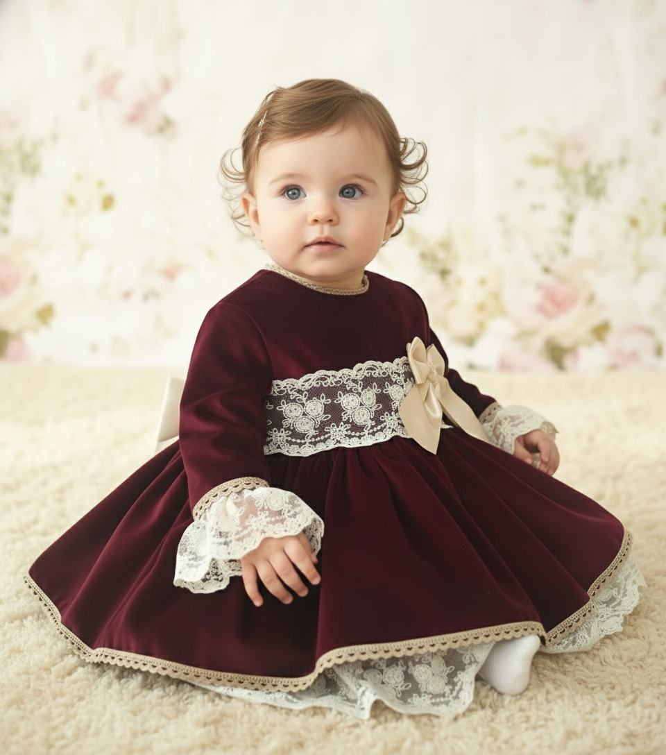 Sonata Infantil Spanish Baby Girls Burgundy Velvet Puffball Dress & Pants - 12m IN STOCK NOW