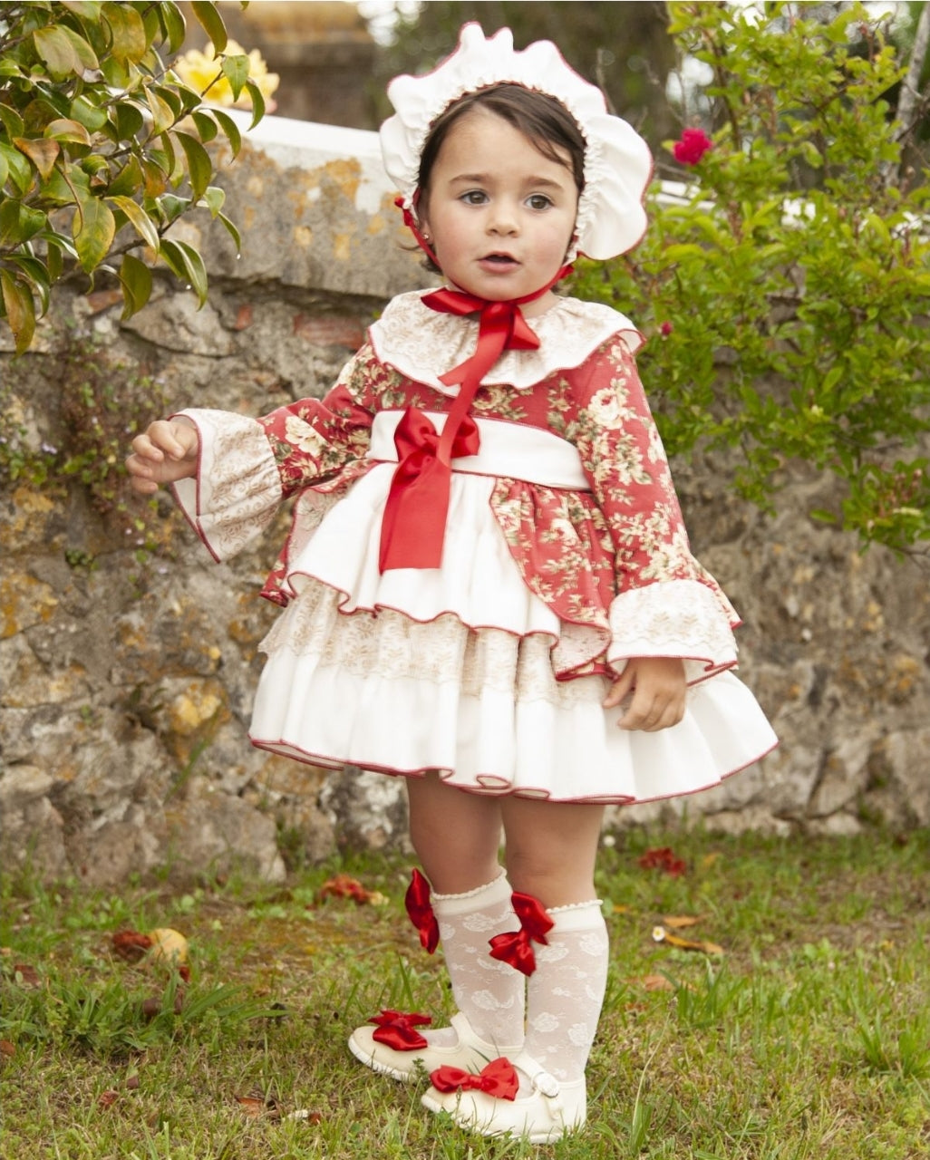 Sonata AW23 Spanish Girls Red Floral Puffball Dress IN2318 - MADE TO ORDER