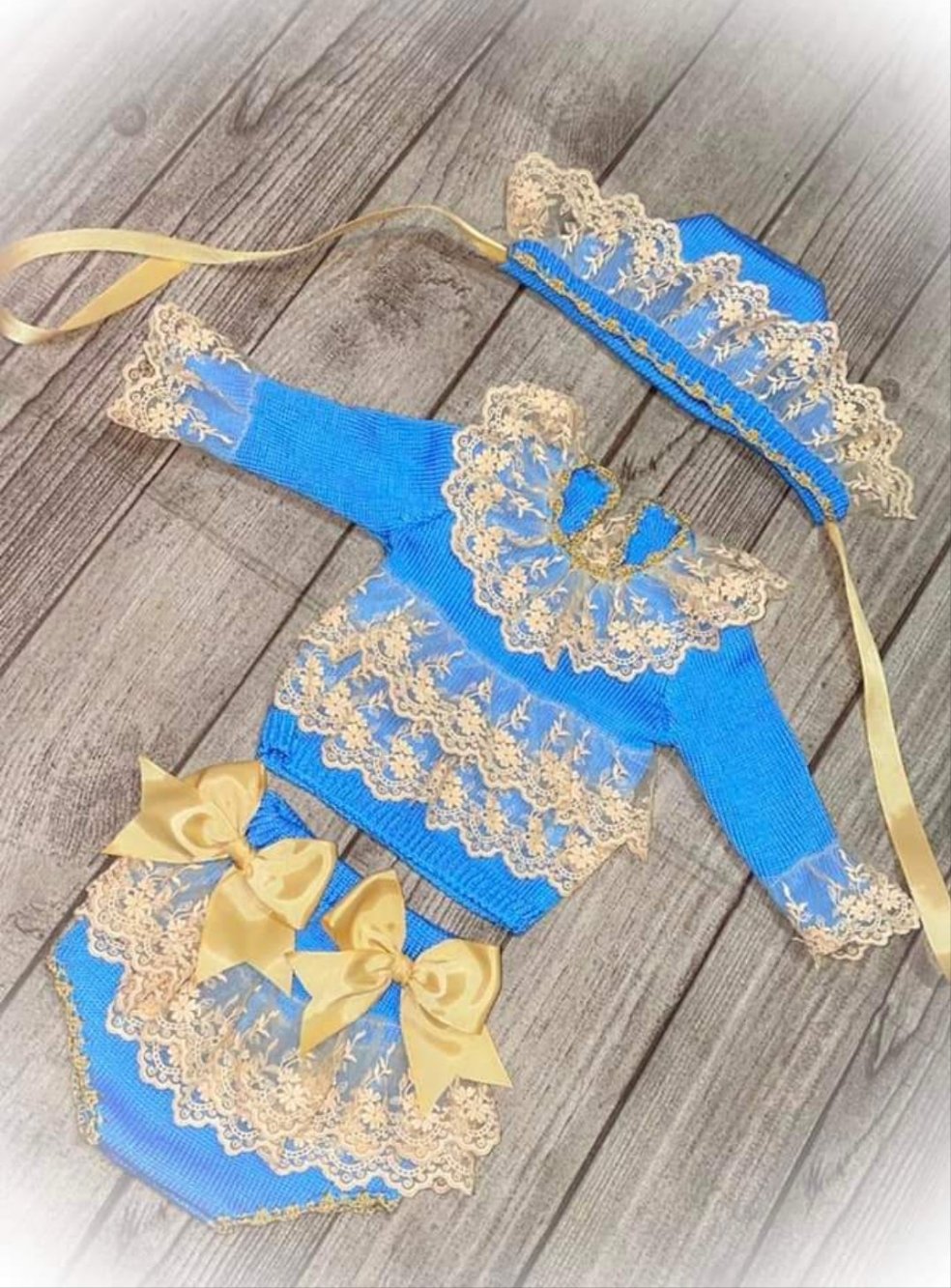 Ela Confeccion AW23 Spanish Baby Blue & Gold Knitted 3PC Set - MADE TO ORDER