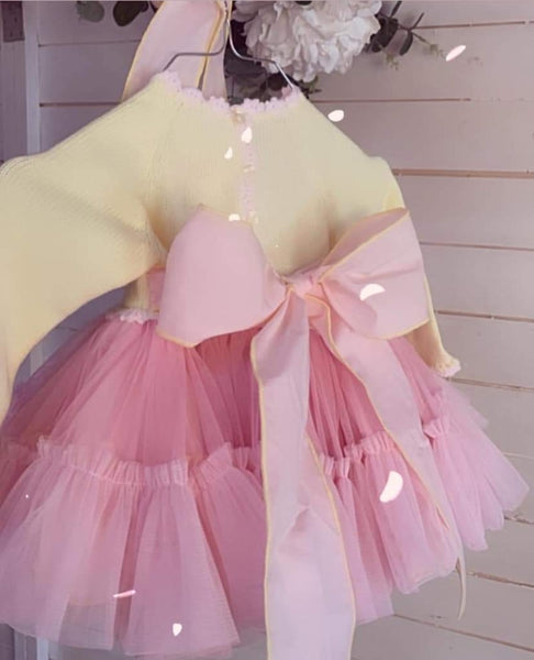 ELA Confeccion Spanish Girls Lemon & Pink Puffball Dress & Pants & Bonnet - 2,4,5y - NON RETURNABLE