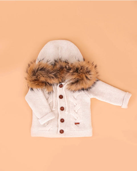 Spanish Chunky Knitted Cream Baby Coat/Jacket With Fur Hood - 9-24m