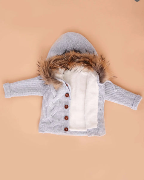 Spanish Chunky Knitted Cream Baby Coat/Jacket With Fur Hood - 9-24m