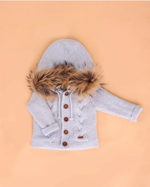Spanish Baby Boys Blue Knitted Coat With Fur Hood - 6-18m