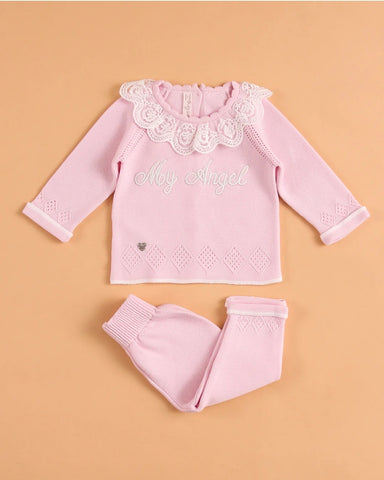 Spanish Baby Girls Pink Lace Knitted Trouser Set 8435 - 3-9m