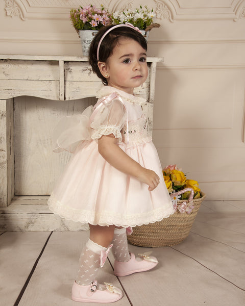 Sonata SS23 Spanish Girls Pink Organza Smocked Dress VE2301 - 7y - IN STOCK NOW