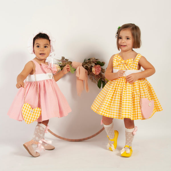 Sonata SS24 Spanish Girls Pink Check Puffball Dress VE2410 - MADE TO ORDER