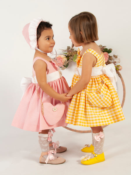 Sonata SS24 Spanish Girls Lemon Check Puffball Dress VE2409 - MADE TO ORDER