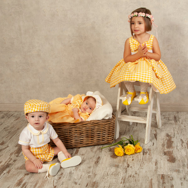 Sonata SS24 Spanish Baby Boys Lemon Check Short Set VE2411 - MADE TO ORDER