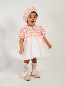 Sonata SS24 Spanish Girls Pink Check Tulle Puffball Dress VE2421 - MADE TO ORDER