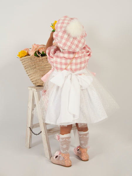 Sonata SS24 Spanish Girls Pink Check Tulle Puffball Dress VE2421 - MADE TO ORDER