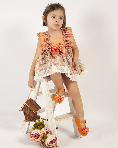 Sonata Infantil SS24 Spanish Girls Orange Printed Dress VE2434 ~ MADE TO ORDER