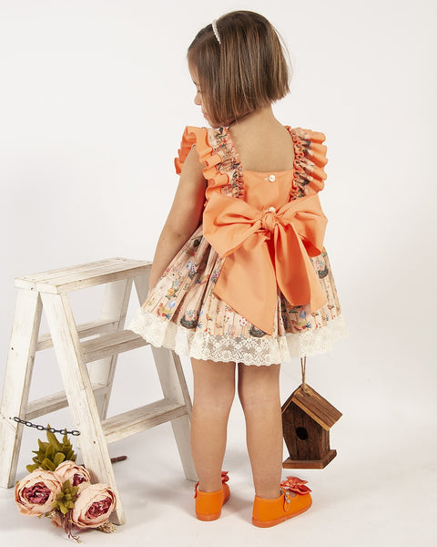 Sonata Infantil SS24 Spanish Girls Orange Printed Dress VE2434 ~ MADE TO ORDER