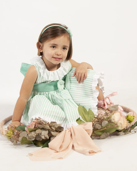 Sonata Infantil SS24 Spanish Girls Green Striped Dress VE2438- MADE TO ORDER