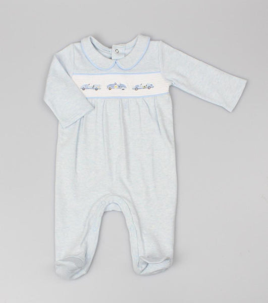 Traditional Baby Boys Blue Marl Smocked Cars Cotton Sleepsuit / Babygrow