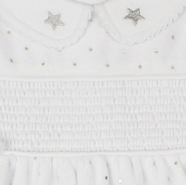Traditional Unisex Baby White Smocked Stars Velour Sleepsuit / Babygrow