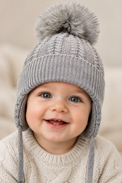 Traditional Baby Boys Grey Cable Knit Pom Hat