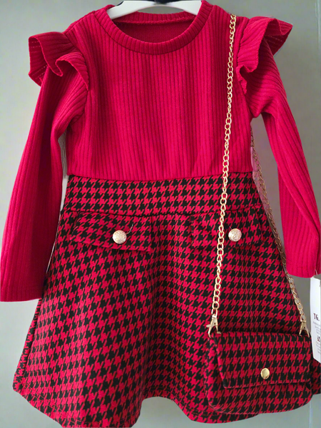 Girls Red Houndstooth Dress & Bag Set ~ 2-12y