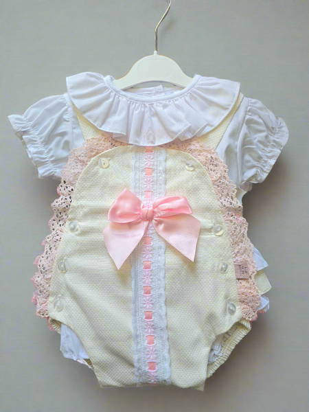Spanish Baby Girls Cream & Pink Waffle Bow Romper M002C
