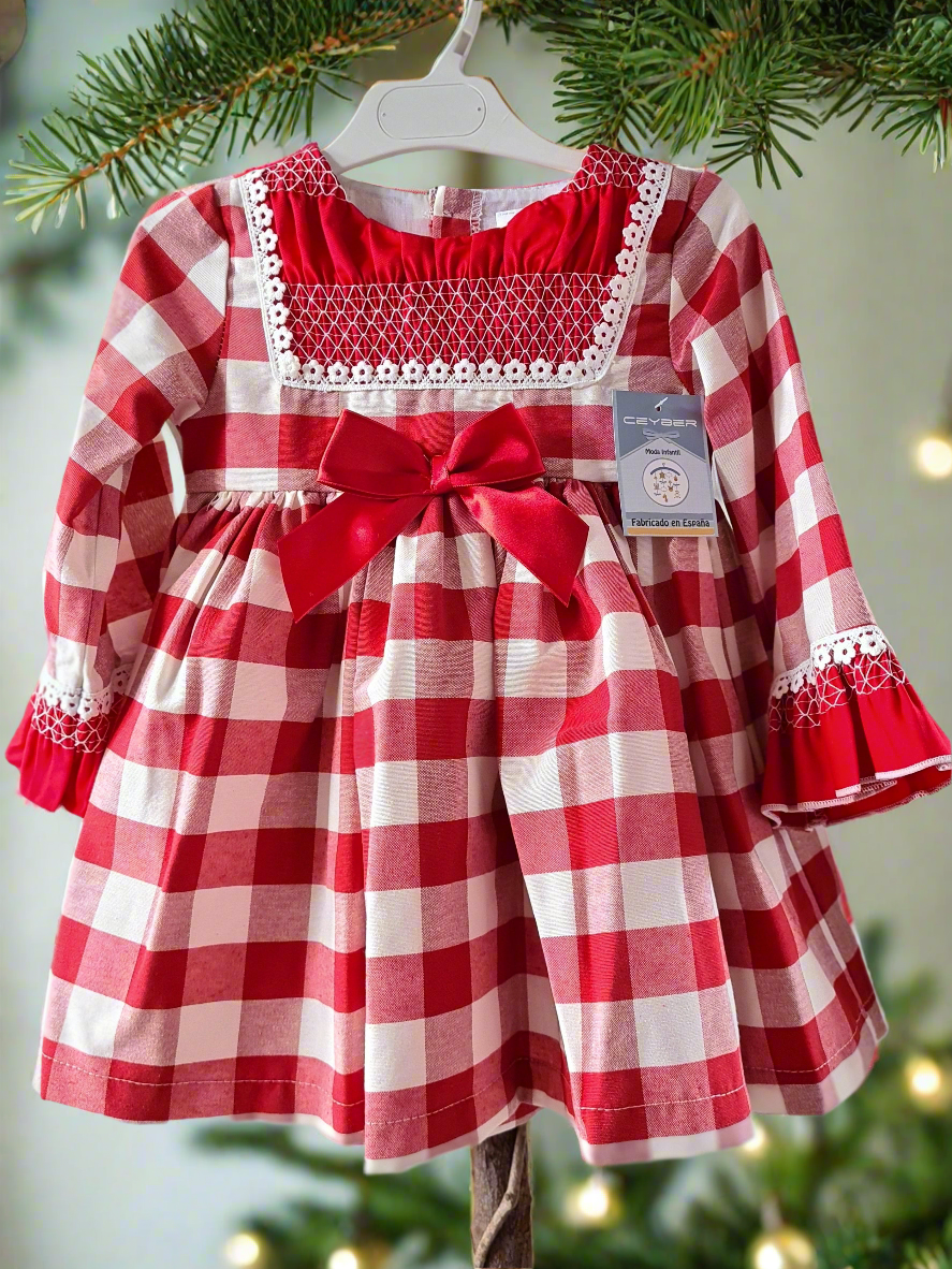 Ceyber Spanish Older Girls Red Check Dress With Smocking ZA2119 ~ 3,4,8y