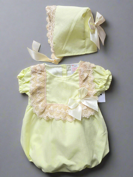 Spanish Baby Girls Lemon & Beige Lace Romper & Bonnet M002 ~ 3-36m