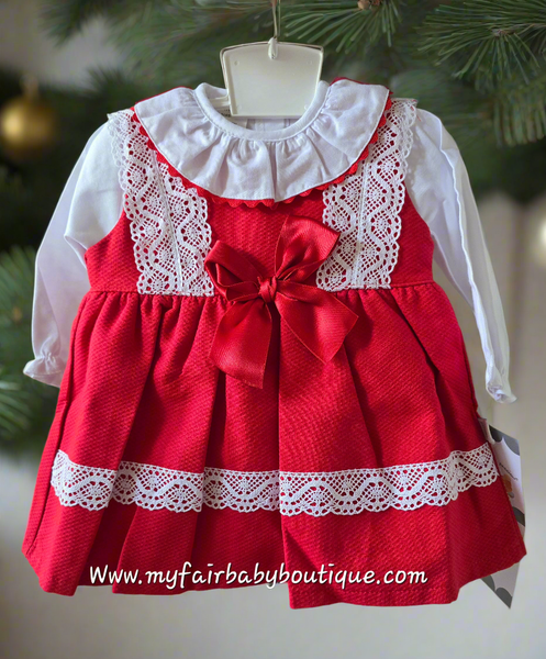Spanish Baby Girls Red & White Lace Pinafore Dress ~ 3-18m
