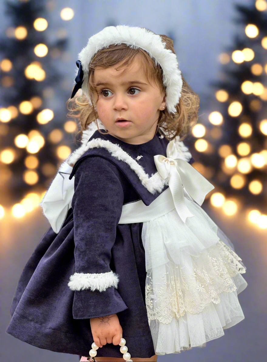 Sonata Infantil AW25 Spanish Girls Navy Frances Katherine Velvet Puffball Dress IN2514 ~ MADE TO ORDER