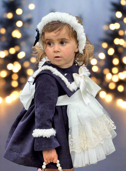 Sonata Infantil AW25 Spanish Girls Navy Frances Katherine Velvet Puffball Dress IN2514 ~ MADE TO ORDER
