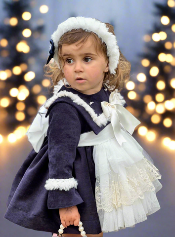 Sonata Infantil AW25 Spanish Girls Navy Frances Katherine Velvet Puffball Dress IN2514 ~ MADE TO ORDER