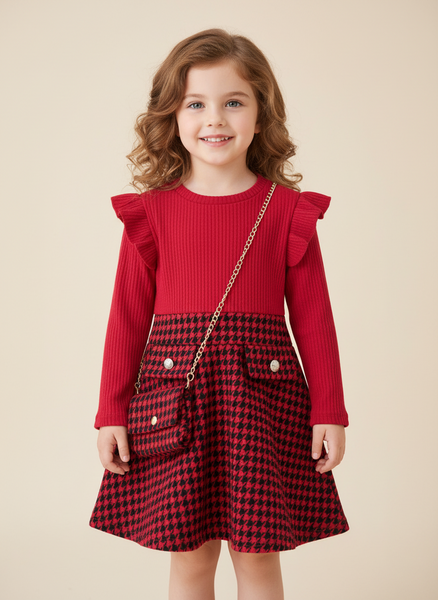 Girls Red Houndstooth Dress & Bag Set ~ 2-12y